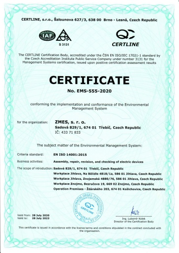 Certifikát ISO 14001 v angličtině