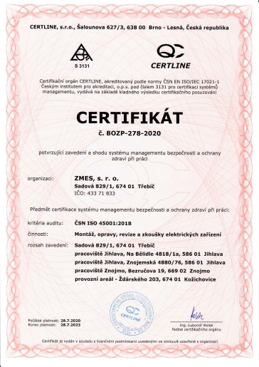 Certifikát ISO 45001 v češtině