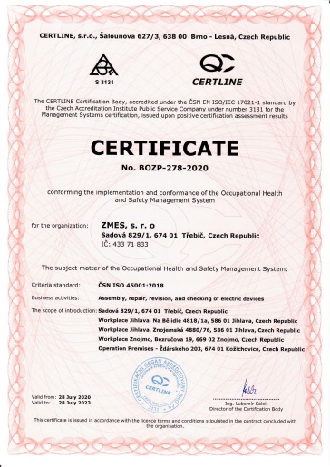 Certifikát ISO 45001 v angličtině