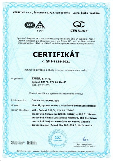 Certifikát ISO 9001 v češtině