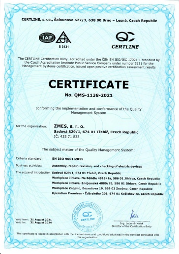 Certifikát ISO 9001 v angličtině